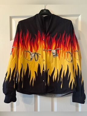 Vintage Black & Yellow Flame Print Long Sleeve Shirt with Steer Skull Motif